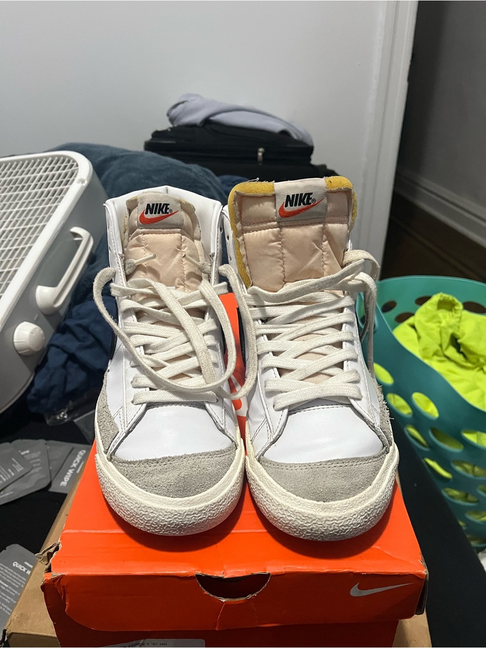 Nike Women’s White and Beige High-Top Sneakers with Orange Swoosh